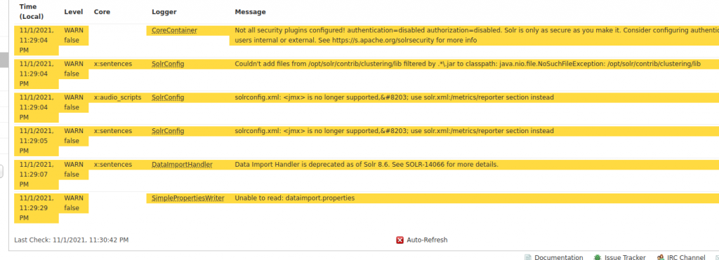 solr logging for details of errors