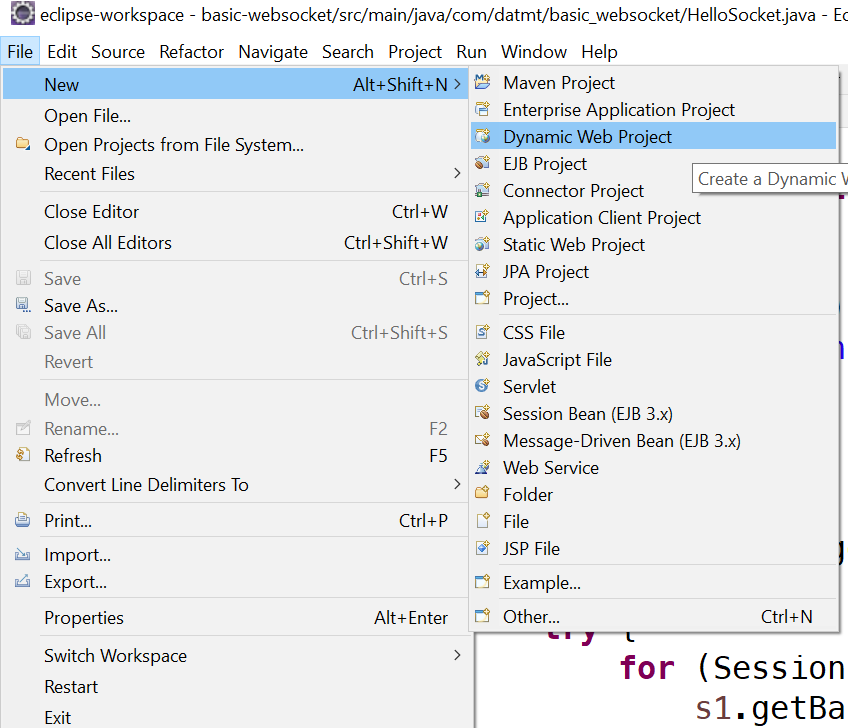 Start creating new websocket project in eclipse