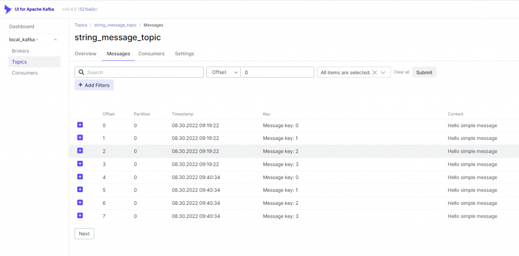 New messages in Kafka UI