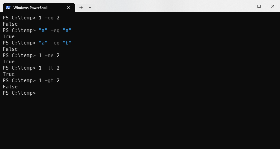 Basic comparisons in Windows PowerShell