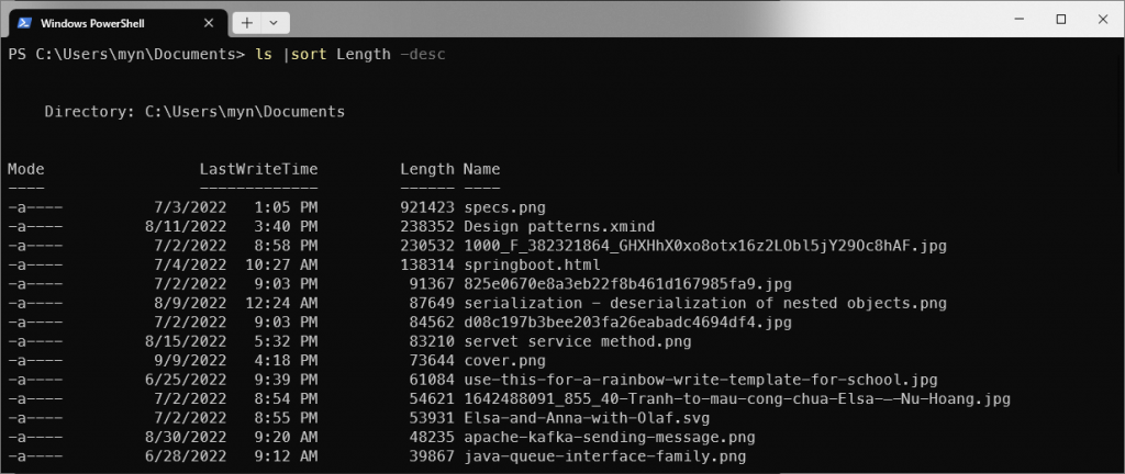 Sort by file size, descending order