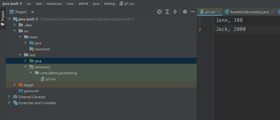 Create csv to pass to parameterized test