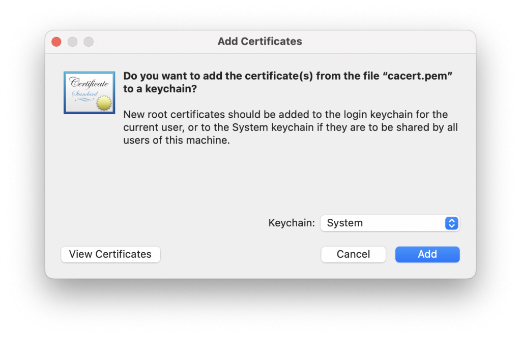 Import the CA cert to Mac