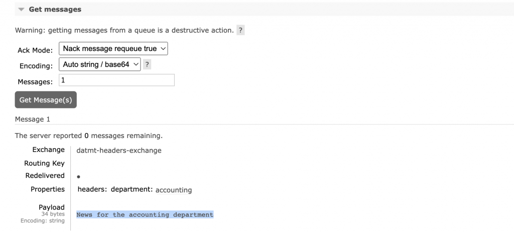 Messages are delivered to queues from headers exchange