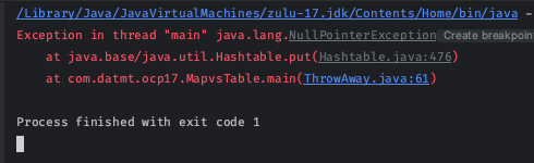 You cannot use null as key or value with HashTable