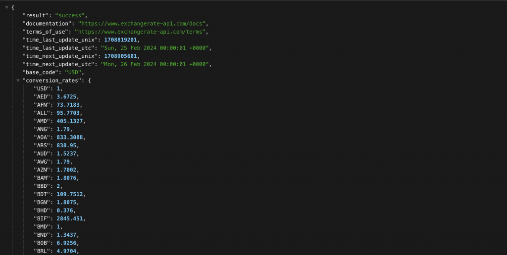 The exchange rate API response