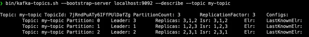 Then you can see that the topic has 3 partitions with replicas on three brokers: