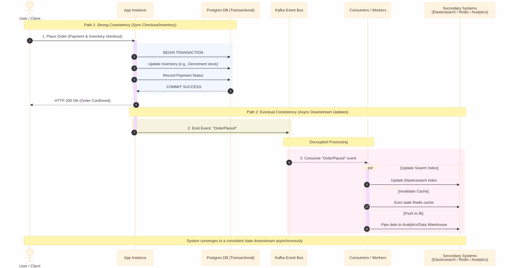 Solution: Keep Postgres transactions for the strict-consistency paths; use Kafka/event-driven updates for everything else (search index updates, cache invalidation, analytics). This is the core CQRS-lite pattern — don’t force one consistency model on the whole system.