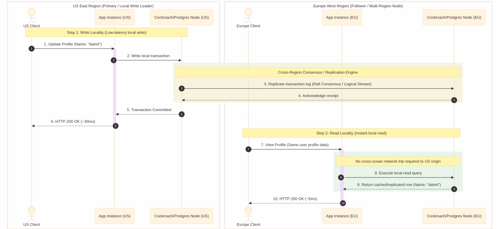 Solution: Multi-region database replication (Postgres logical replication, or distributed SQL like CockroachDB/YugabyteDB if you need multi-region writes with strong consistency). This is a step beyond CDN — it’s about write locality, not just read caching.