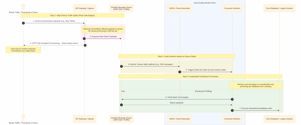 Solution: Queue-based load leveling — incoming requests get queued (SQS, Kafka) and processed at a sustainable rate, with auto-scaling workers. The user gets an “accepted, processing” response rather than the backend falling over trying to do everything synchronously.
