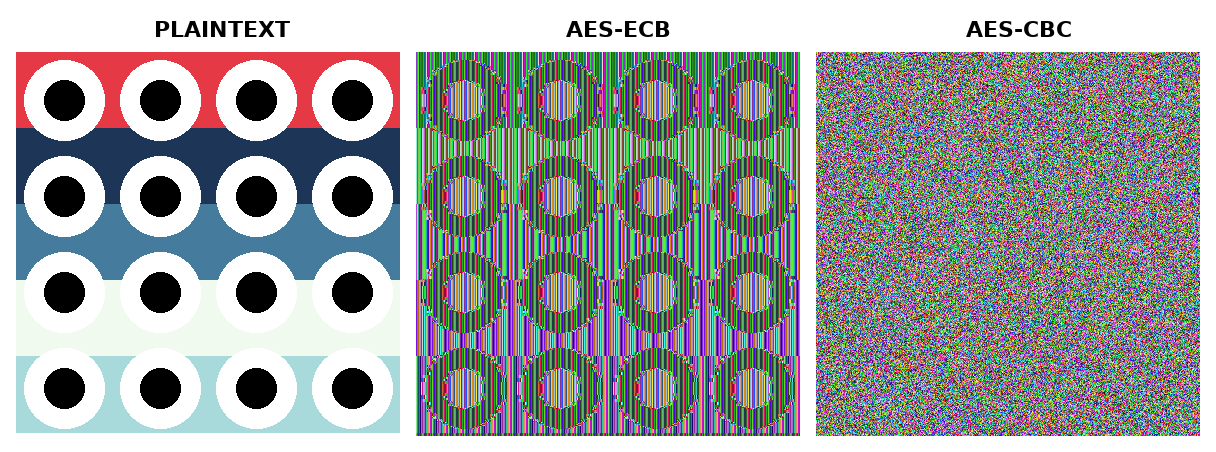 Side-by-side comparison of a plaintext image with flat color stripes and ring shapes, the same image encrypted with AES-256 in ECB mode showing the shapes and stripes still clearly visible through noisy coloring, and the same image encrypted with AES-256 in CBC mode showing uniform random-looking noise with no visible structure